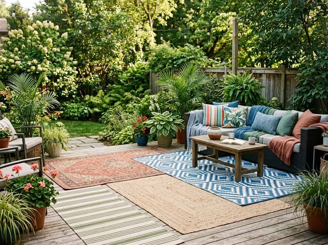 An outdoor patio with several different rugs displayed on a wooden deck surrounded by plants and outdoor furniture.