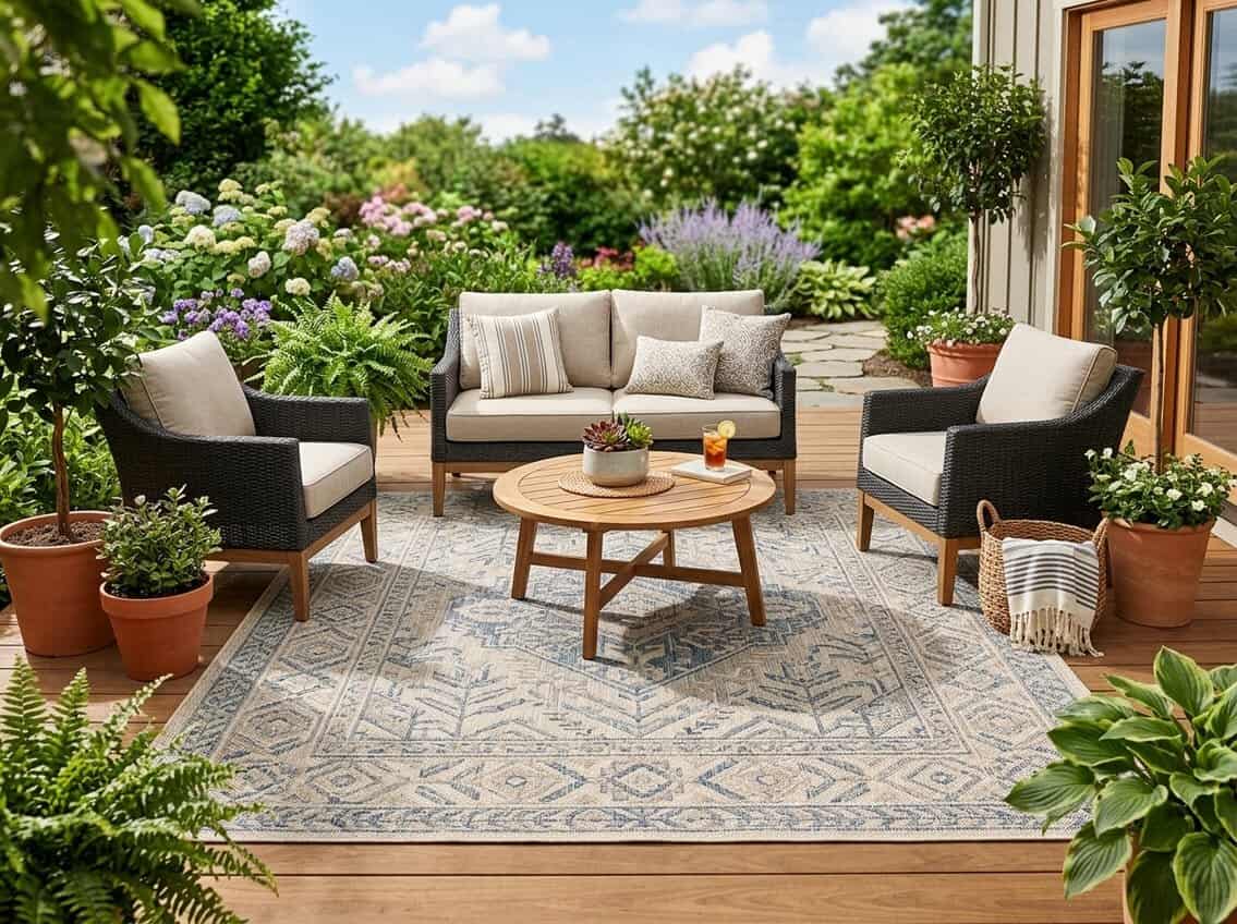 Outdoor patio with a wooden deck, comfortable chairs, a small table, and a patterned outdoor rug surrounded by plants and greenery.