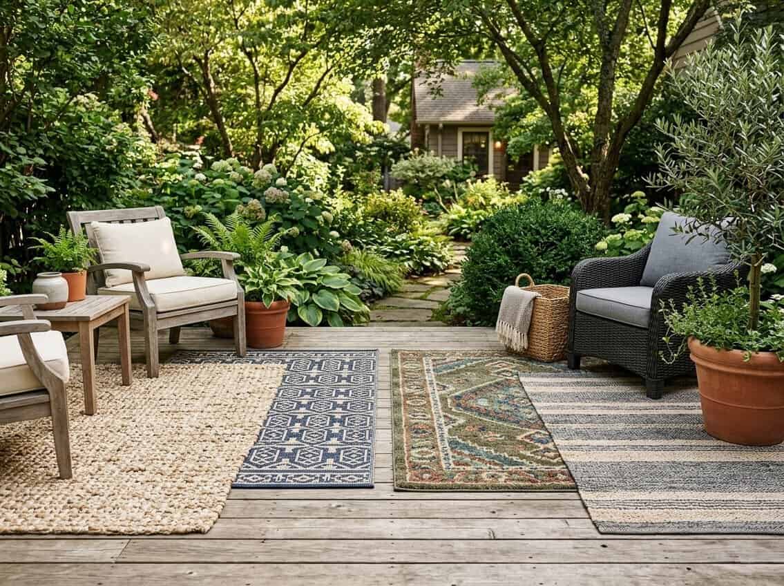 Outdoor patio with several different rugs laid out on a wooden deck surrounded by plants and outdoor furniture.