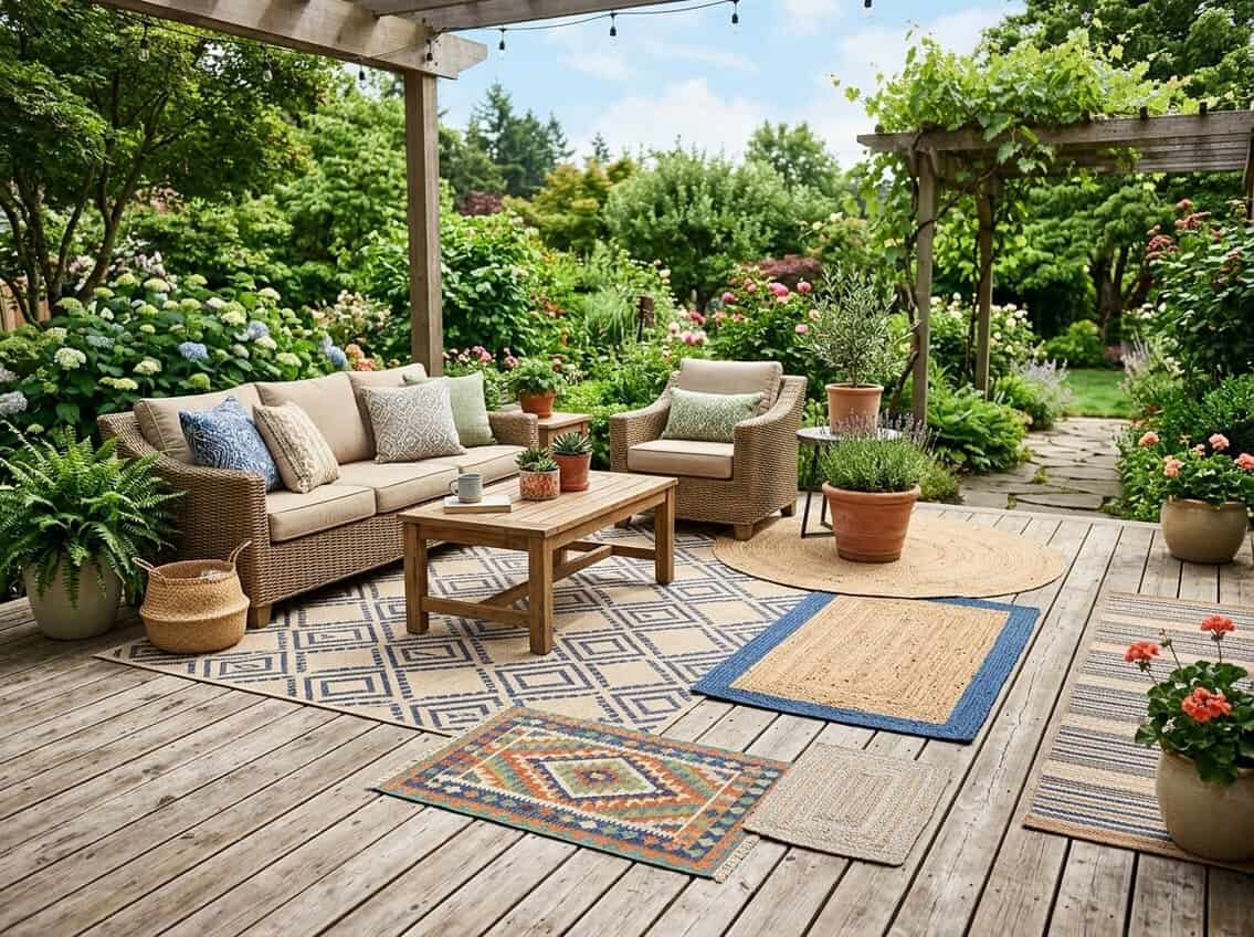 Outdoor patio with various sizes of rugs displayed on a wooden deck surrounded by furniture and plants.