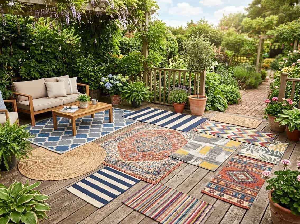 A patio with several outdoor rugs laid out on a wooden deck surrounded by plants and outdoor furniture.