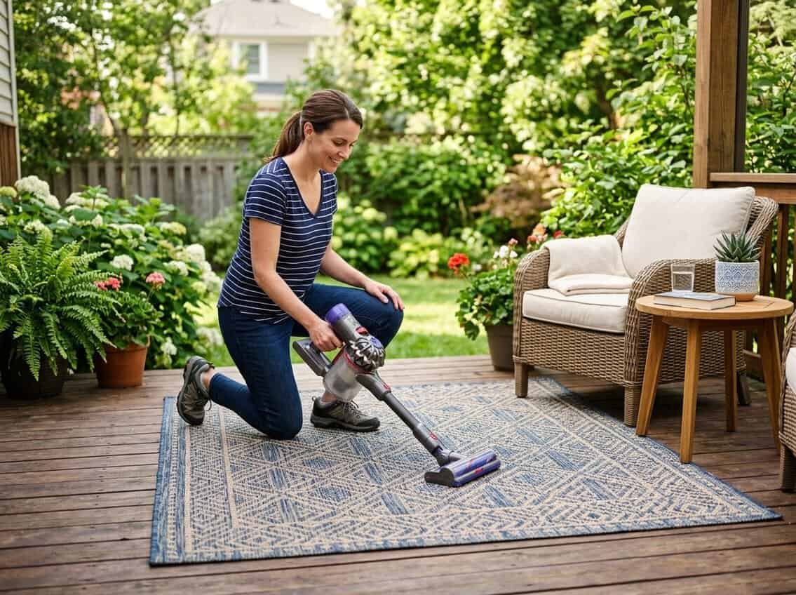 Person cleaning an outdoor rug on a wooden patio with outdoor furniture and plants around.