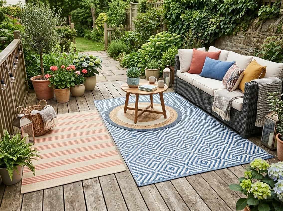 Outdoor patio with several outdoor rugs arranged on a wooden deck surrounded by furniture and plants.