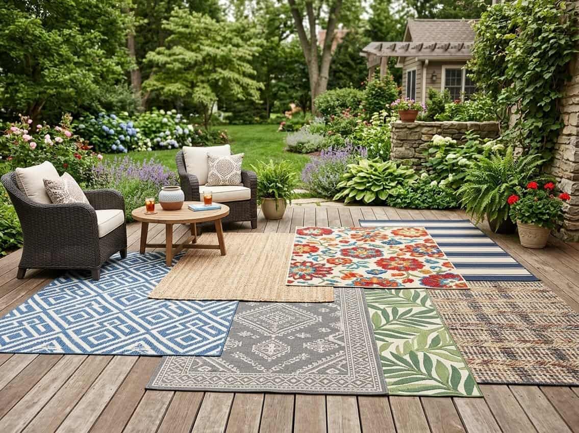 Outdoor patio with several different outdoor rugs displayed on a wooden deck surrounded by furniture and plants.