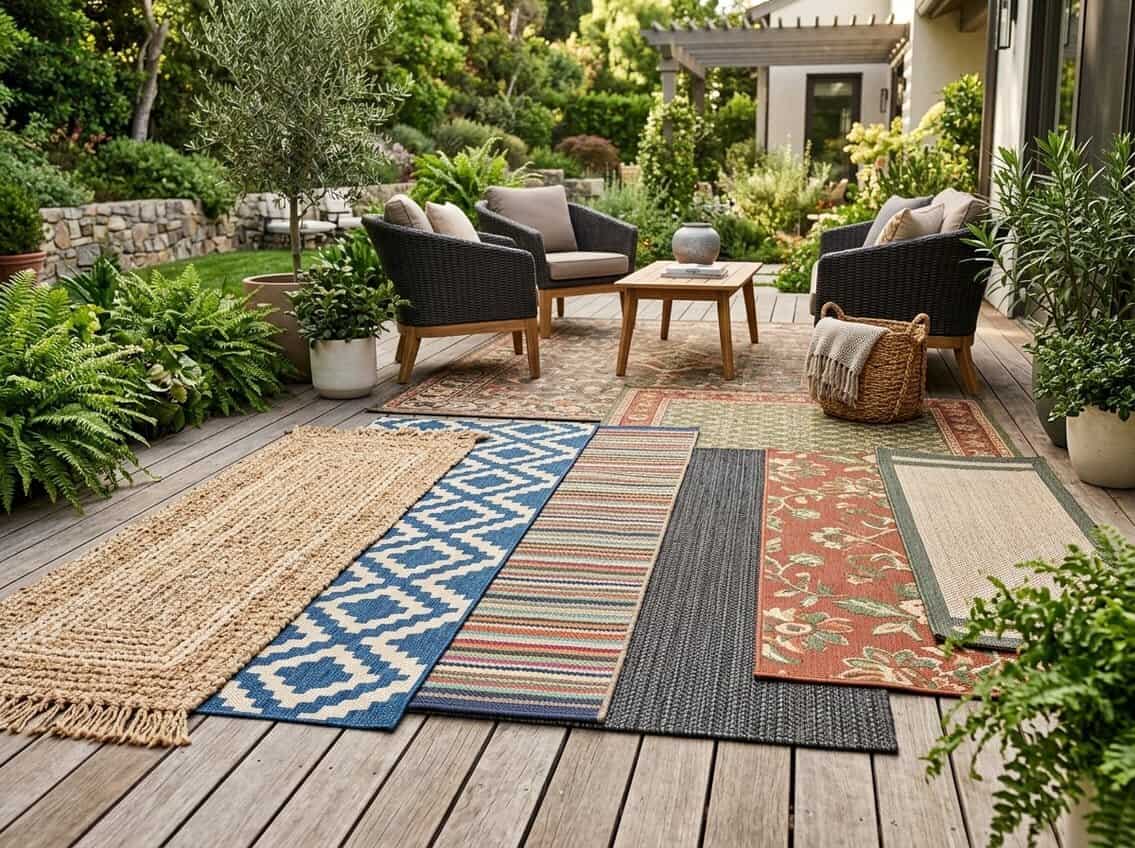 A variety of outdoor rugs displayed on a wooden patio surrounded by outdoor furniture and greenery.