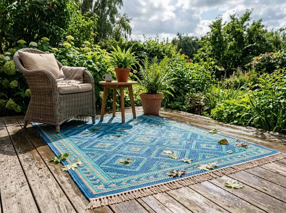 Outdoor rug on a wooden deck with sunlight, raindrops, and scattered leaves surrounded by outdoor furniture and greenery.