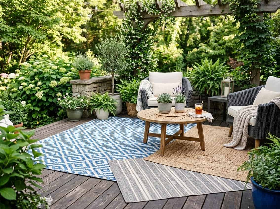 Outdoor patio with multiple rugs, wicker chairs, a coffee table, and plants in natural daylight.