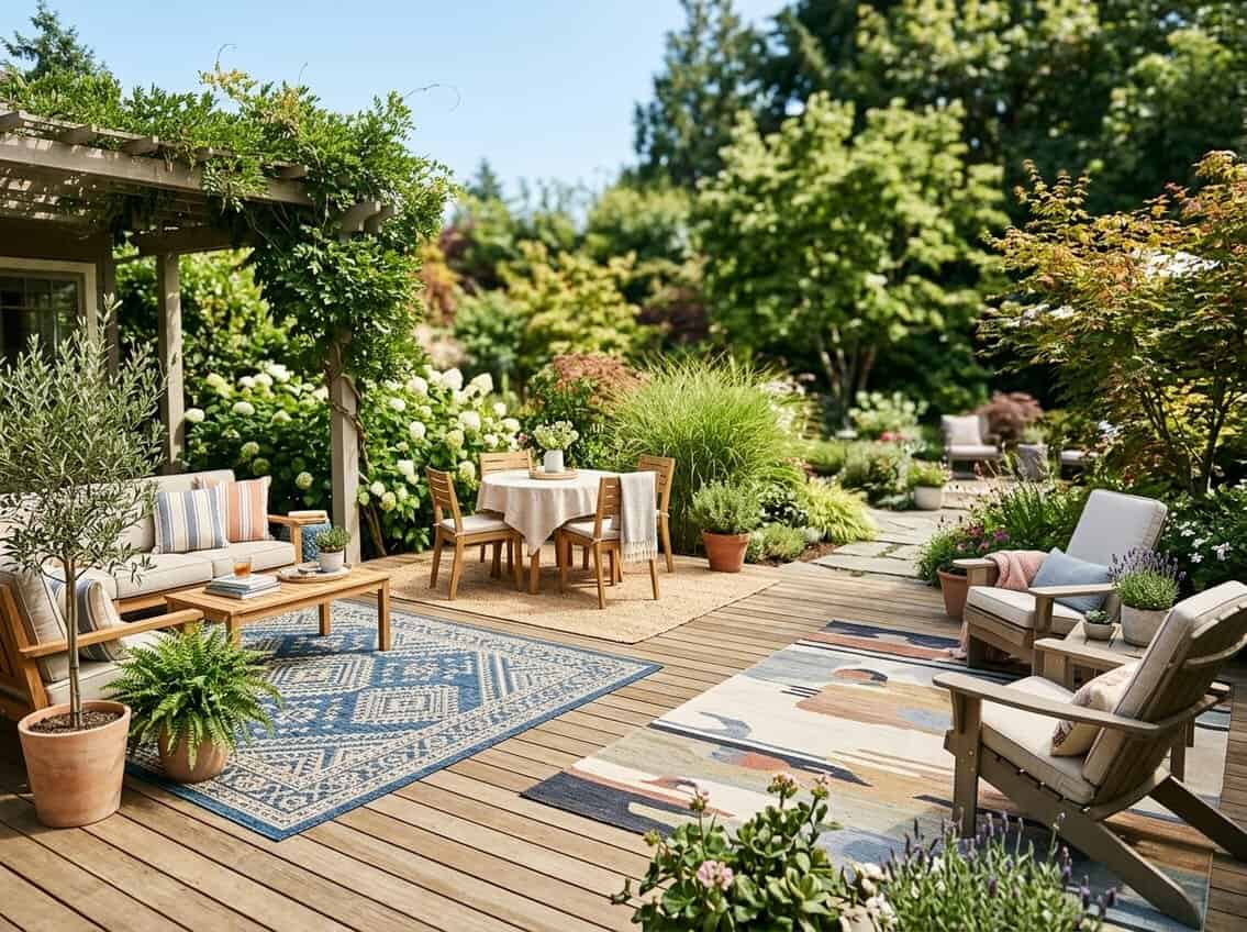 Outdoor patio with multiple types of outdoor rugs arranged under furniture and surrounded by plants and greenery.
