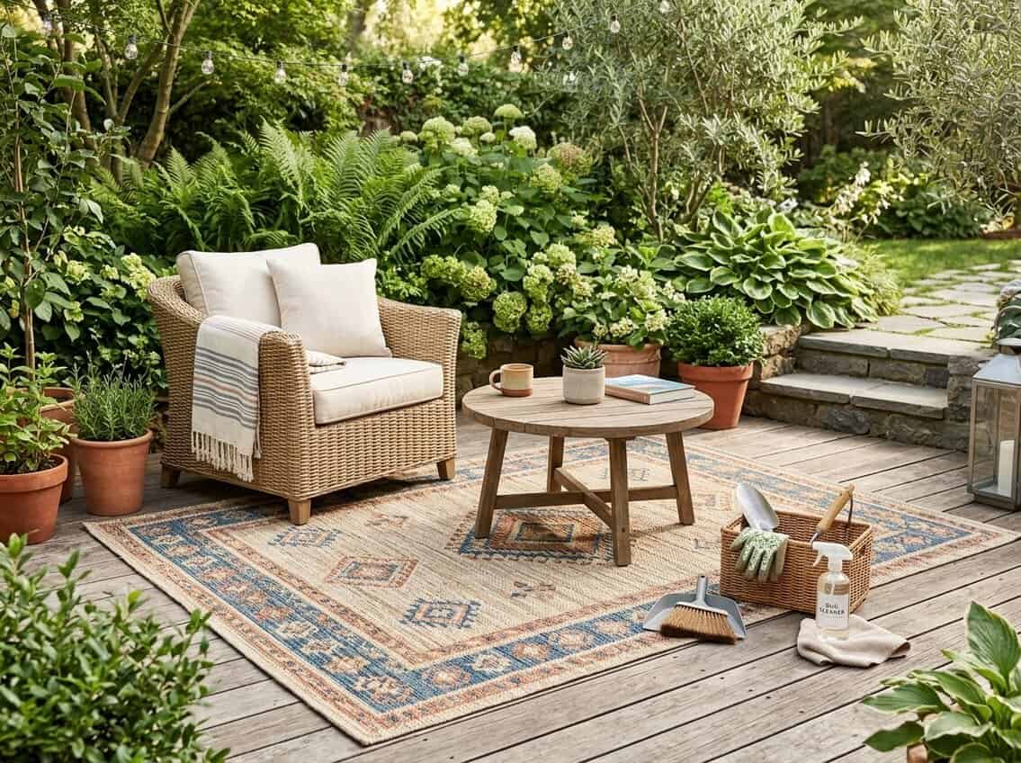 Outdoor patio with a clean, colorful rug on a wooden deck surrounded by plants and outdoor furniture.