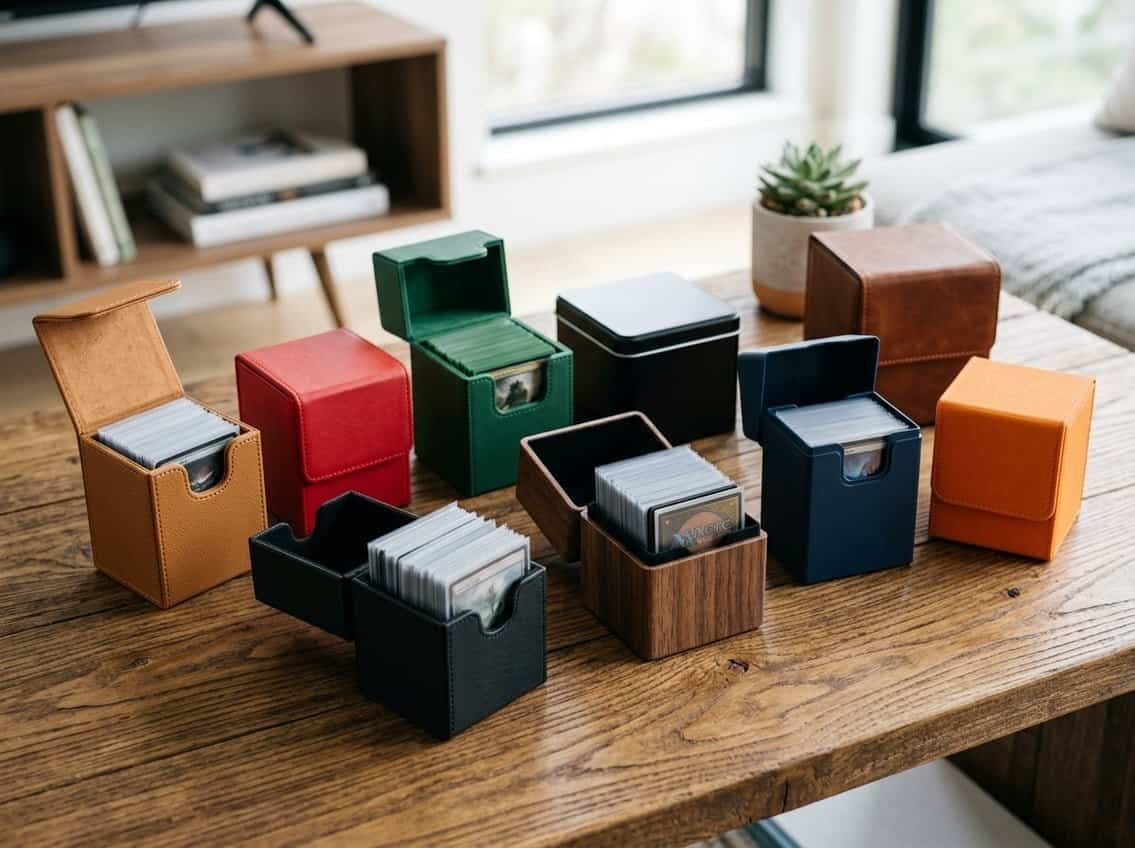 A wooden table with various deck boxes for collectible cards, some open showing stacked cards inside.