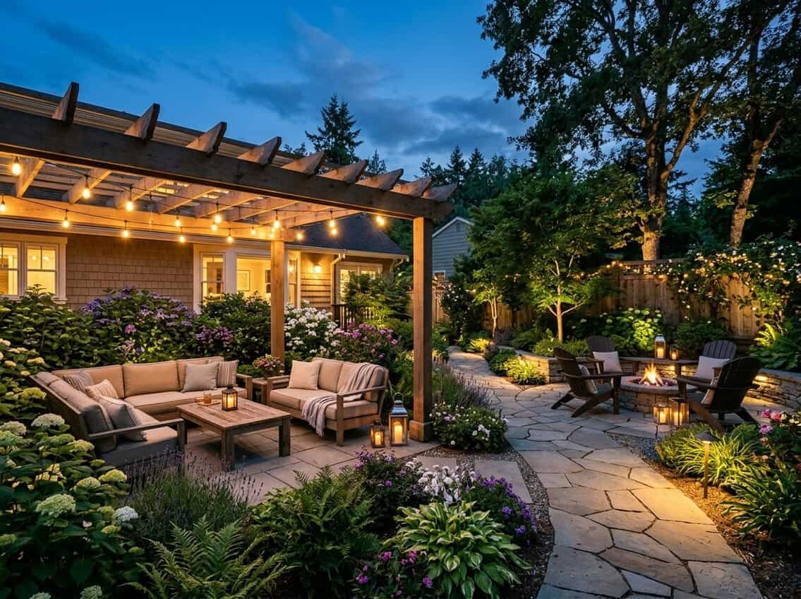 A backyard at dusk with string lights, garden <a href=