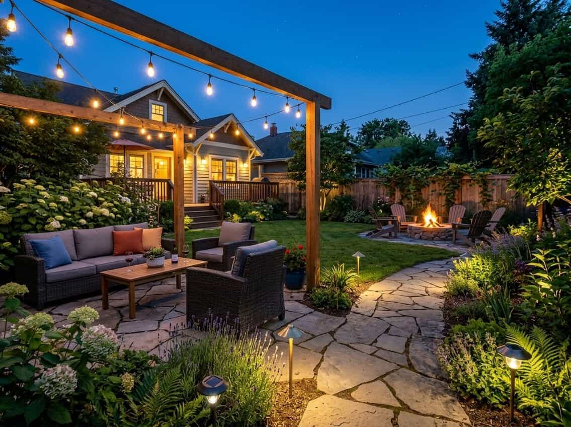 A backyard at dusk with string lights, pathway lights, garden lights, and a fire pit illuminating an outdoor seating area surrounded by plants.