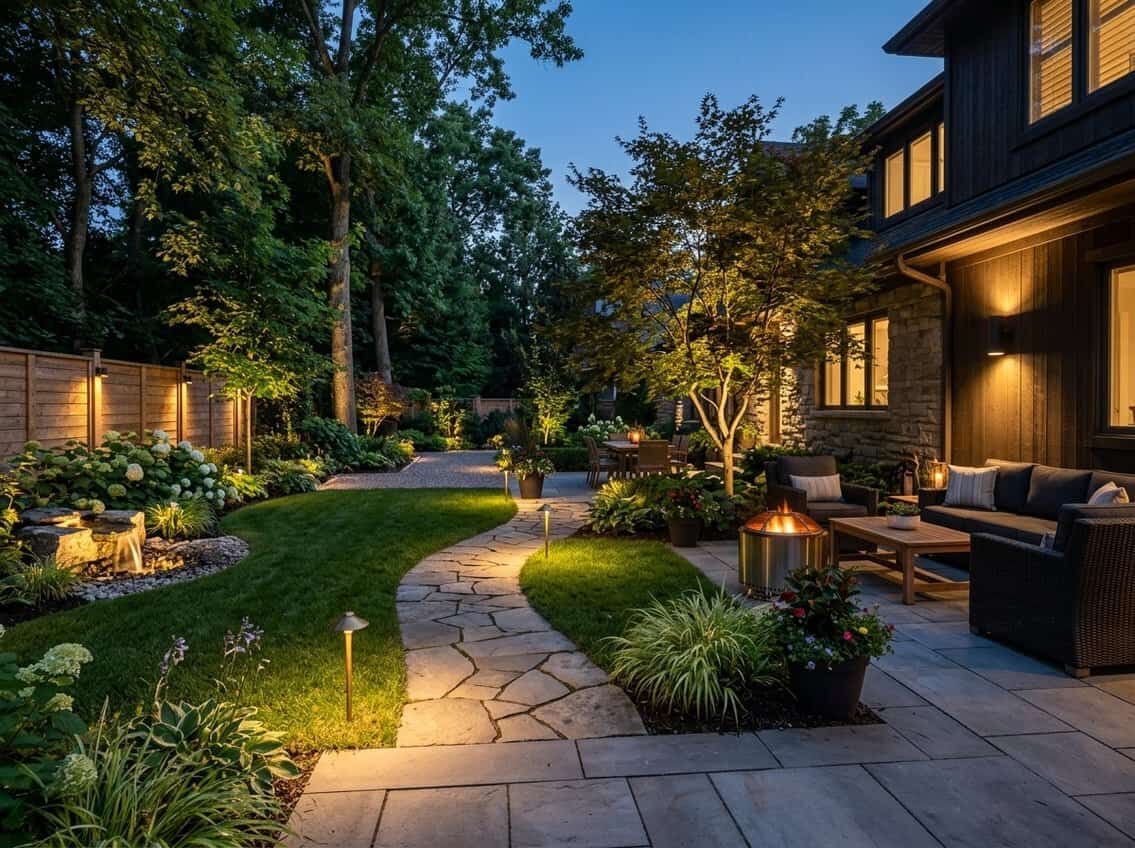 A backyard at dusk with illuminated pathways, garden plants, and outdoor seating area lit by various outdoor lights.