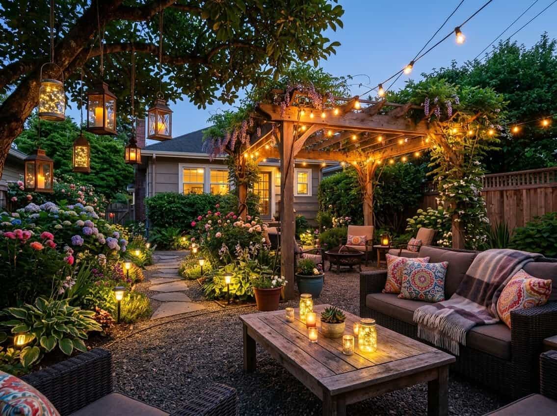 A backyard at twilight with string lights, lanterns, and garden lights illuminating a seating area surrounded by plants.