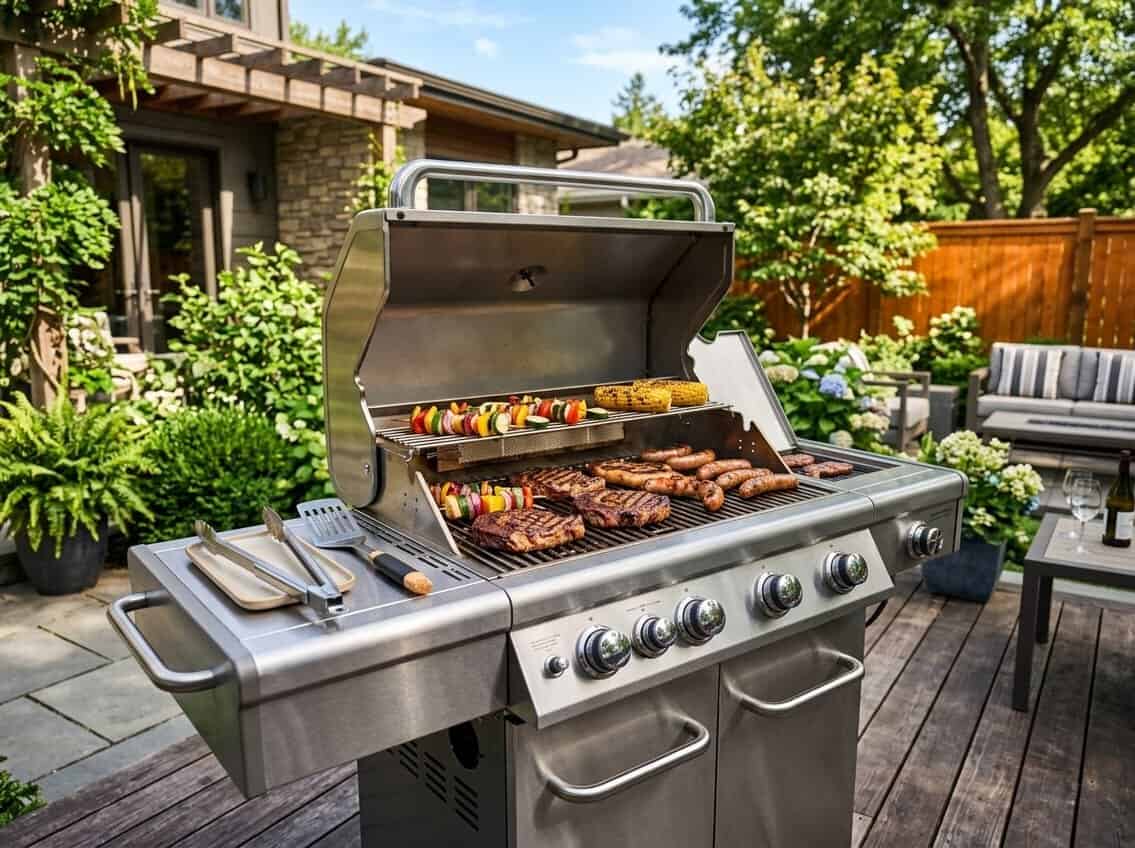 A modern outdoor grill with food cooking on it in a sunny backyard patio with greenery and wooden deck.