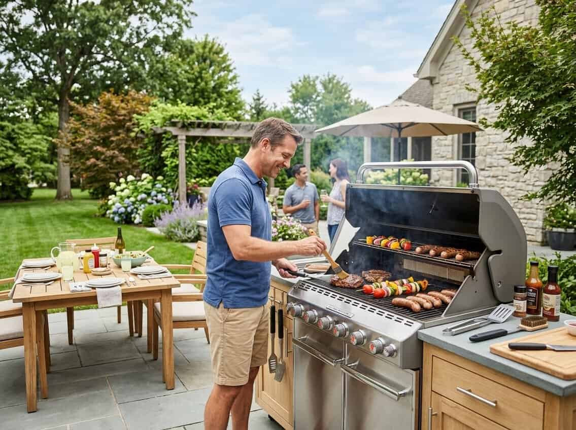 Outdoor stainless steel grill cooking various foods on a sunny backyard patio with trees in the background.