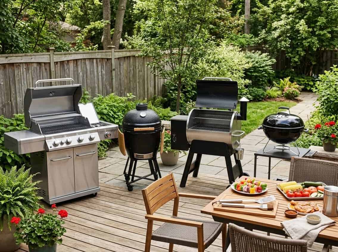 Various types of outdoor grills displayed on a backyard patio surrounded by greenery and grilling accessories.