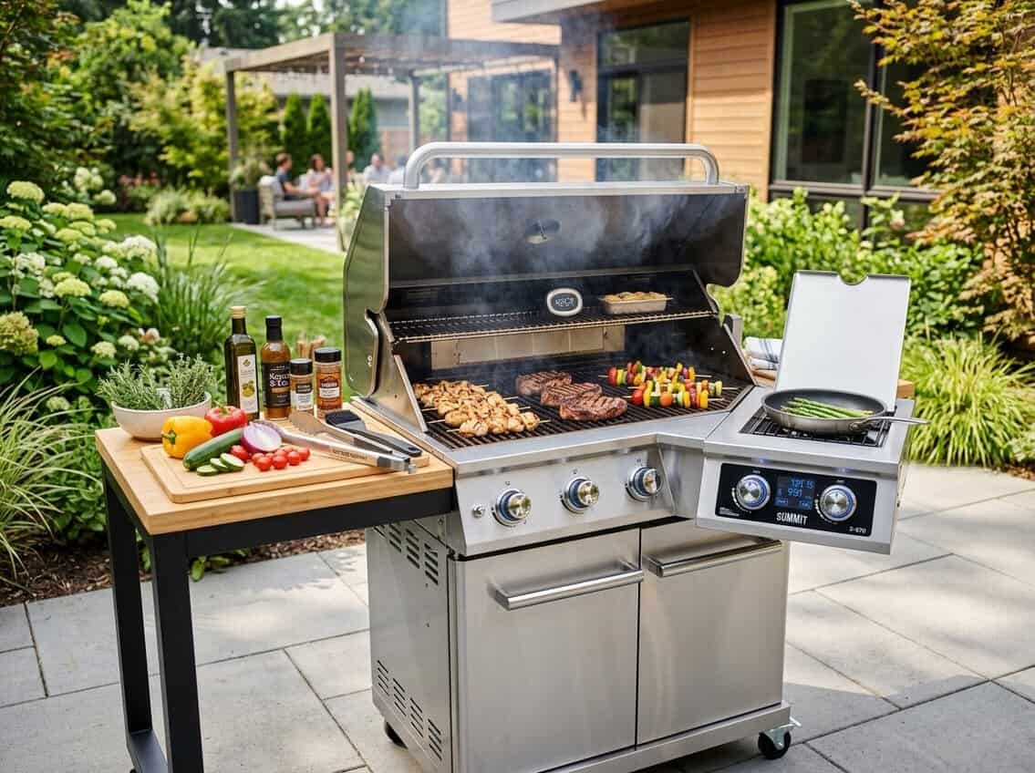 Modern outdoor grill in a backyard with food cooking and grilling tools nearby.