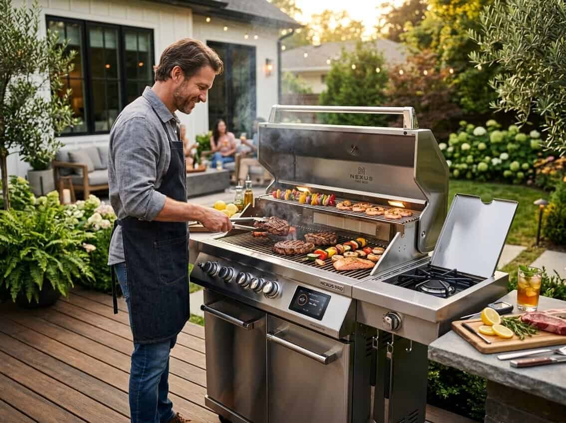 A modern outdoor grill cooking steaks and vegetables on a backyard patio with greenery and a person tending the food.