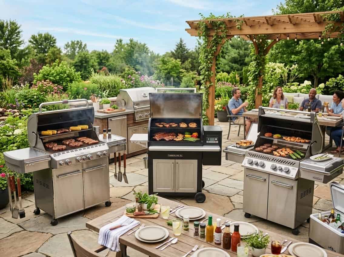 A backyard patio with several modern outdoor grills cooking food surrounded by tables with grilling tools and fresh ingredients.