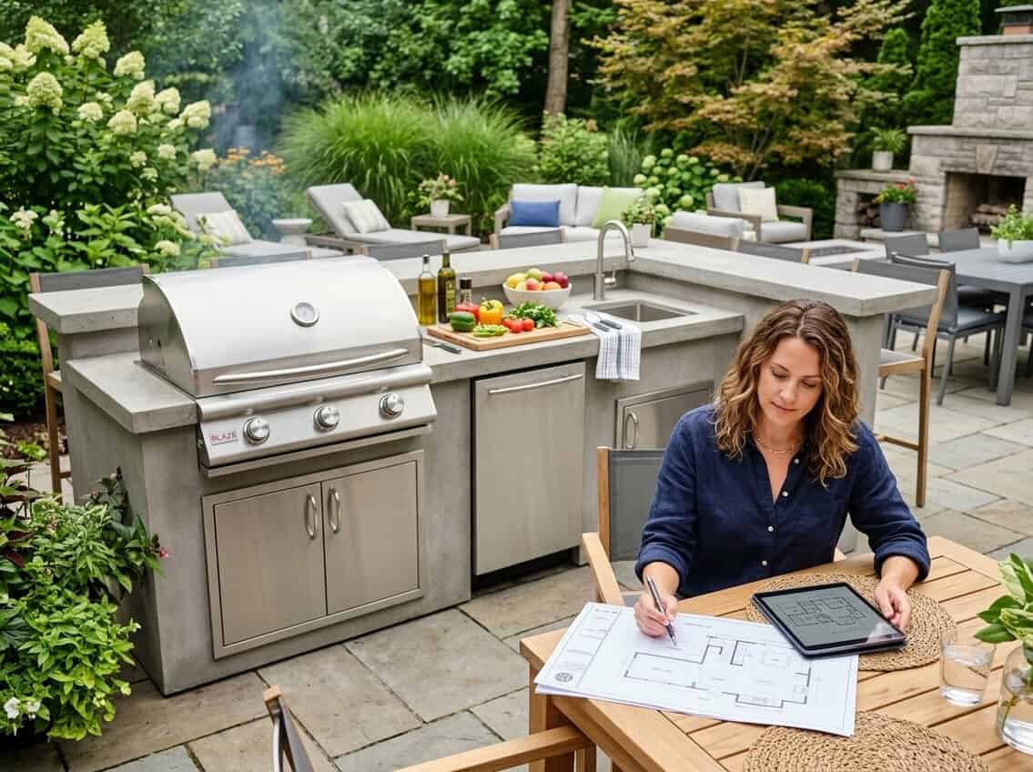 A person reviewing plans near a modern outdoor kitchen with a grill and countertop in a sunny backyard.