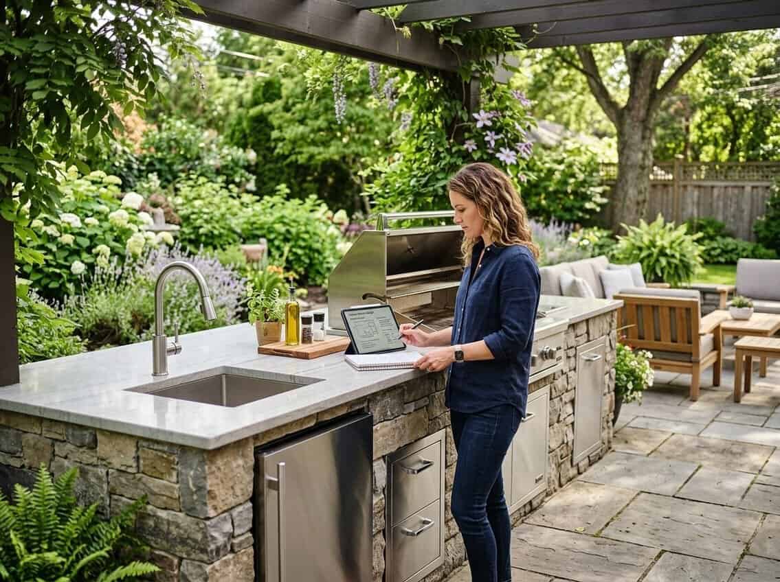 Person reviewing plans next to a modern outdoor kitchen in a backyard with greenery and a wooden <a href=