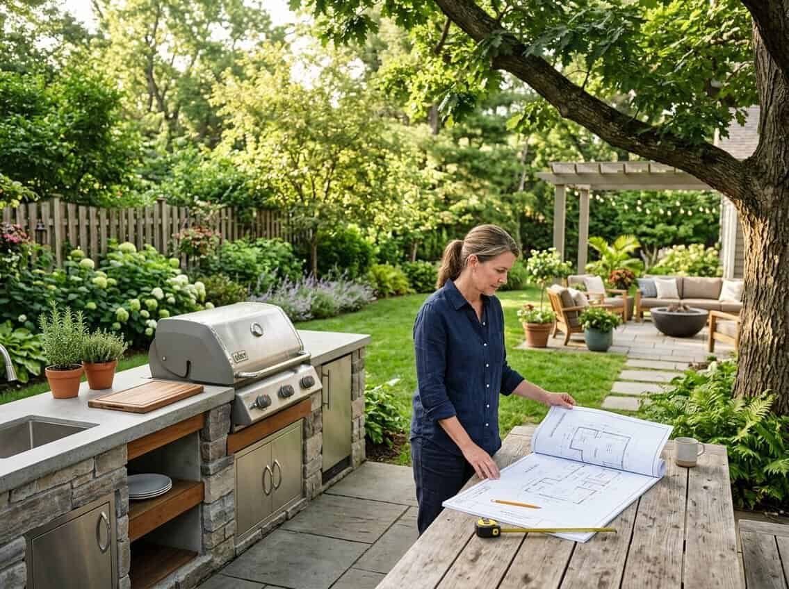 A person reviewing a blueprint near a modern outdoor kitchen setup in a sunny backyard with greenery and patio seating.