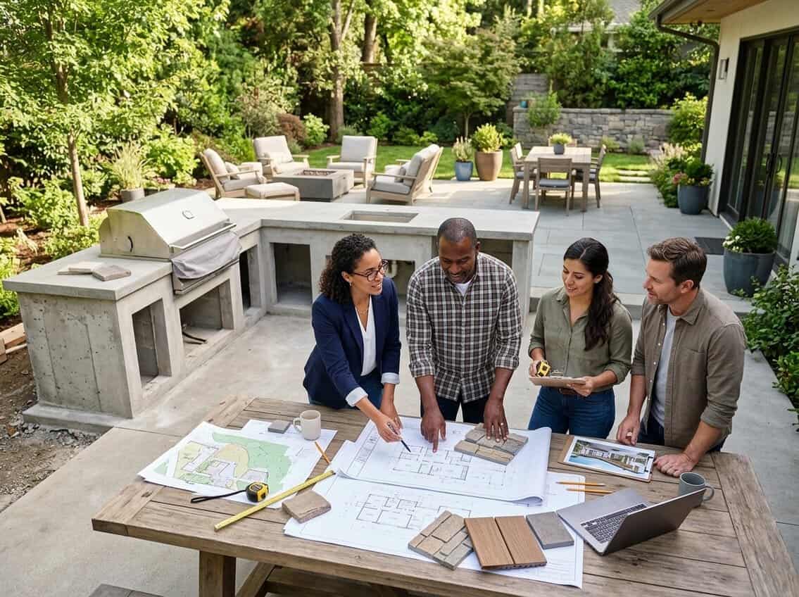 People planning an outdoor kitchen layout around a table with blueprints and design tools in a backyard setting.