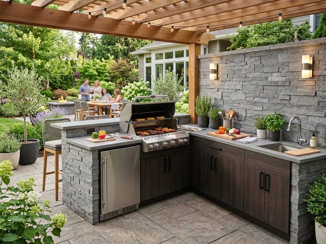 Outdoor kitchen with built-in grill, refrigerator, sink, stone countertop island, bar stools, and surrounding greenery.