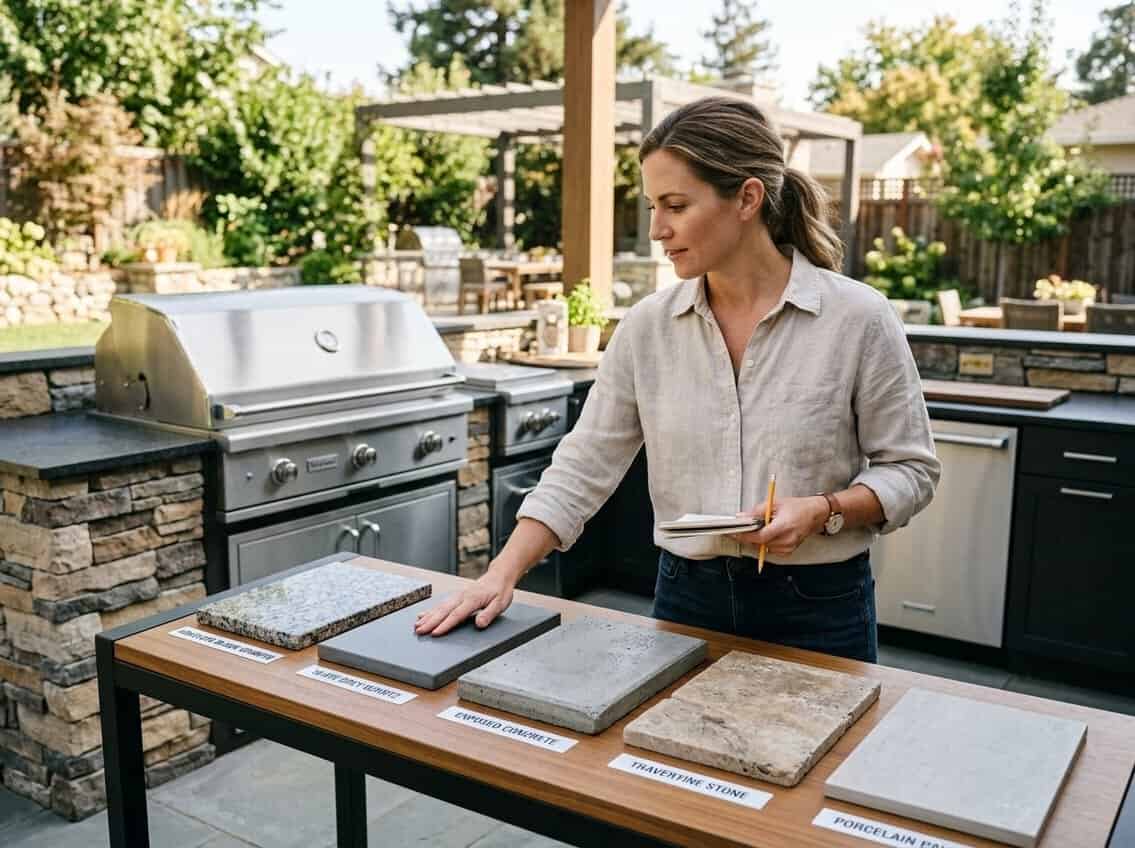 Person examining countertop samples at a modern outdoor kitchen setup with grill and appliances in a sunny backyard.