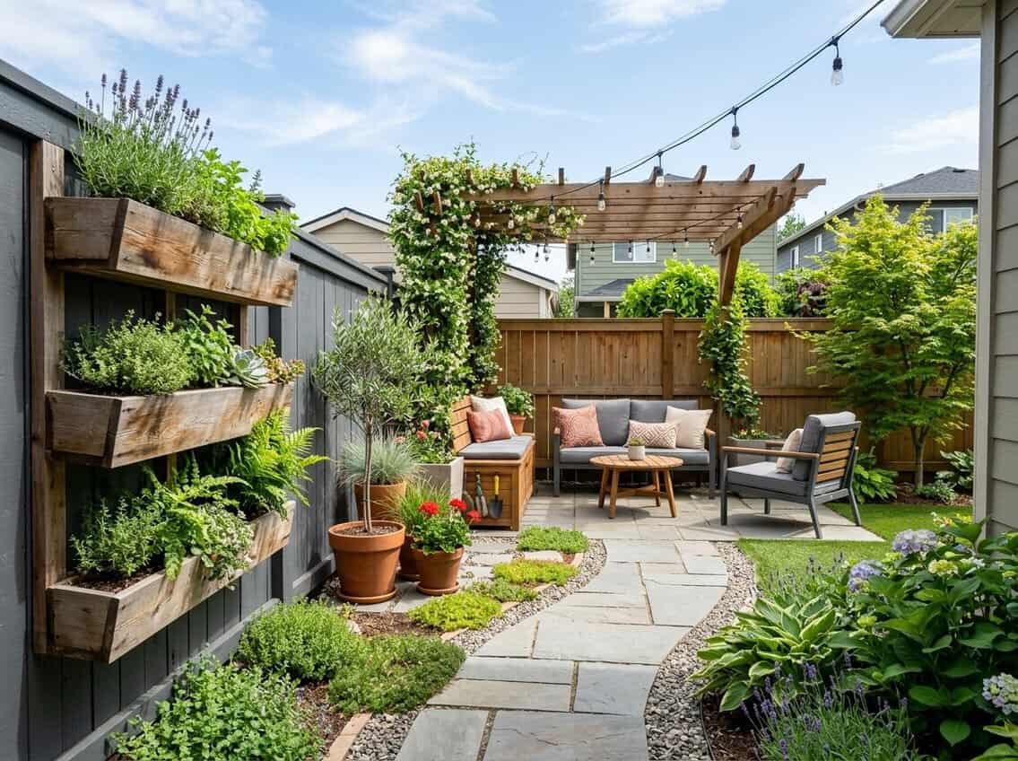 A small backyard with a cozy seating area, potted plants, vertical garden walls, and a stone pathway under natural sunlight.