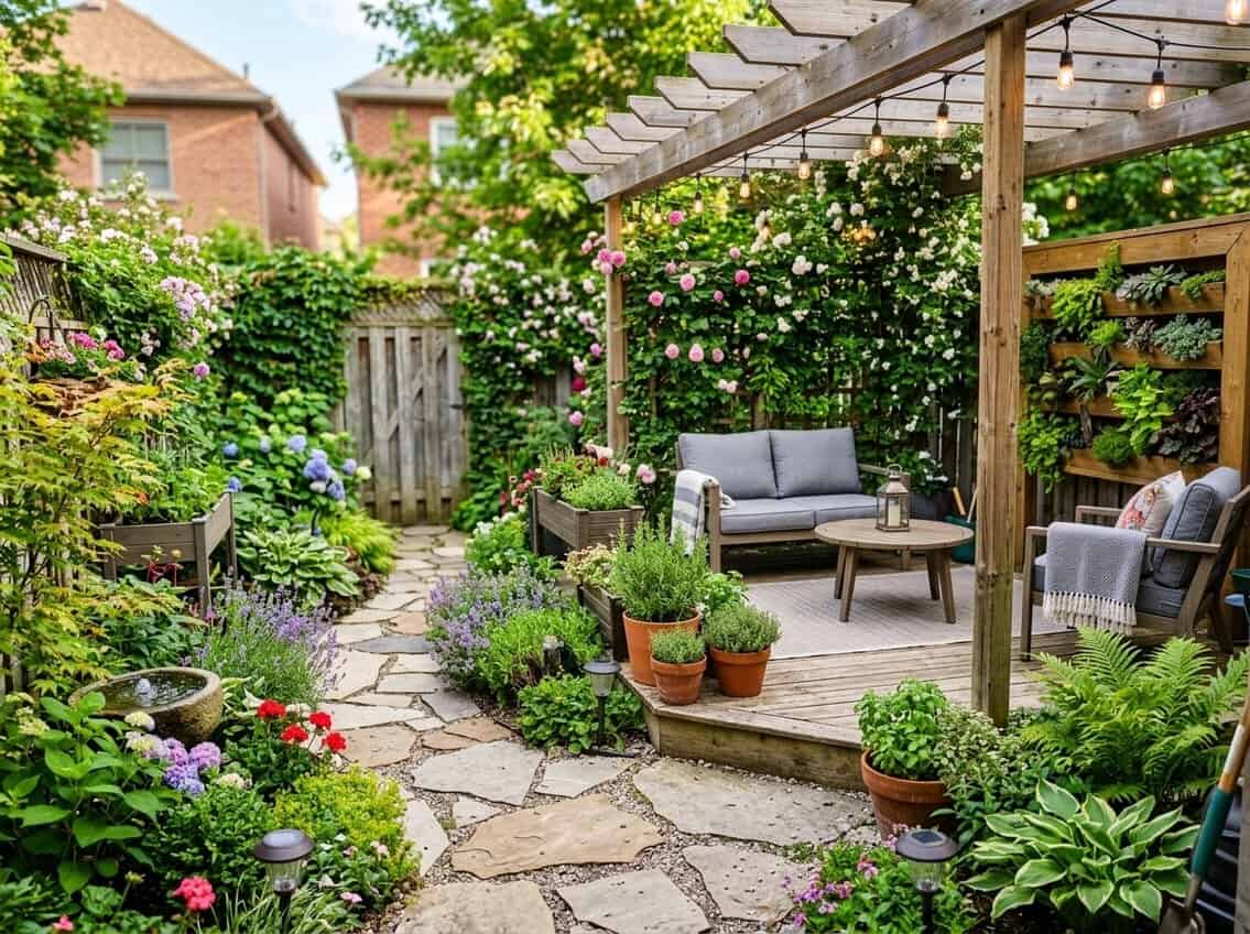 A small backyard with plants, seating area, stone pathways, and decorative lighting.