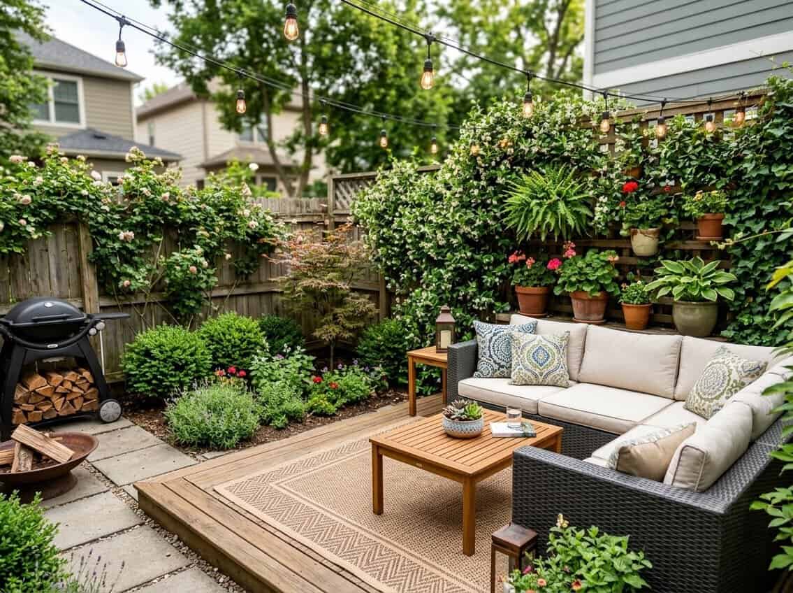 A small backyard with a cozy seating area, plants, and outdoor lighting creating a comfortable outdoor space.