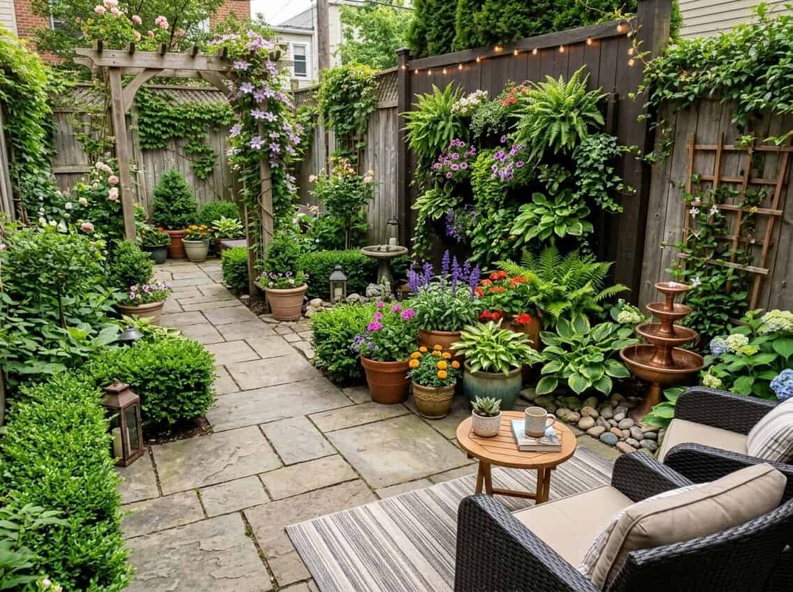 A small backyard with green plants, flowers, outdoor seating, string lights, and a water feature.