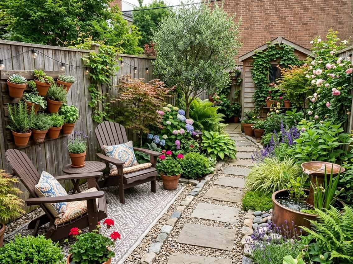 A small backyard with a cozy seating area, green plants, flowers, and decorative elements like string lights and a vertical garden.
