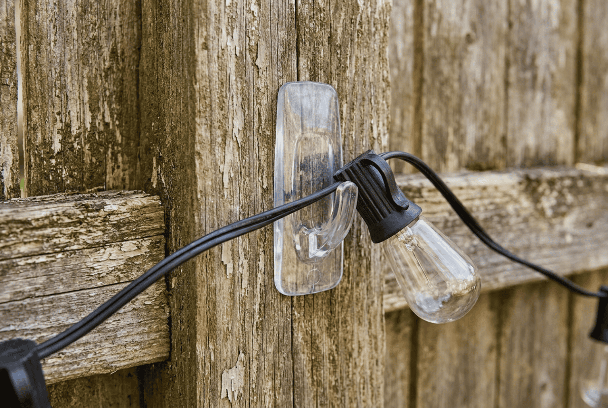 Outdoor adhesive utility hook holding string lights on a fence post