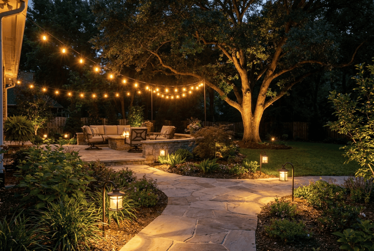 Backyard at night with layered string, path, and accent lighting