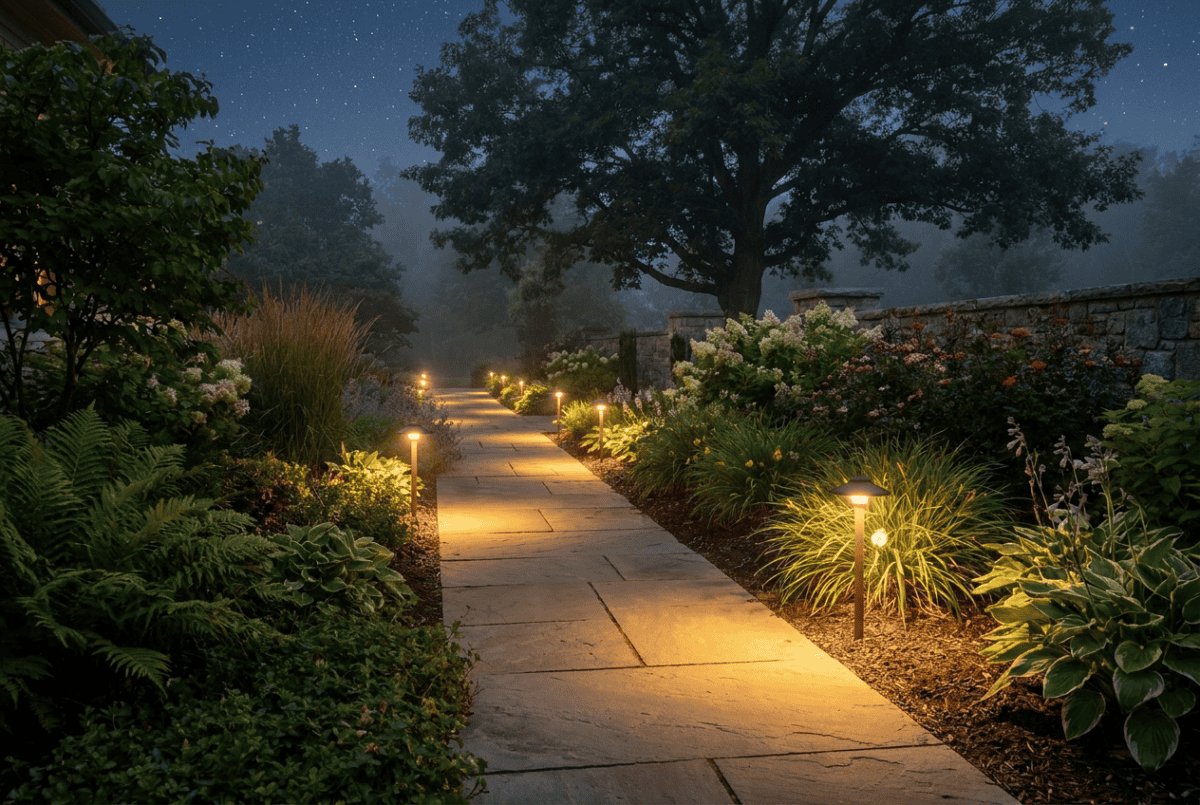 Glowing path lights lining a garden walkway at night