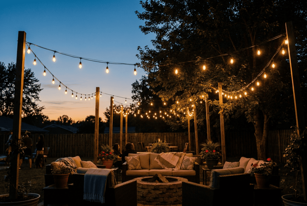 Warm cafe-style string lights over a backyard patio at dusk