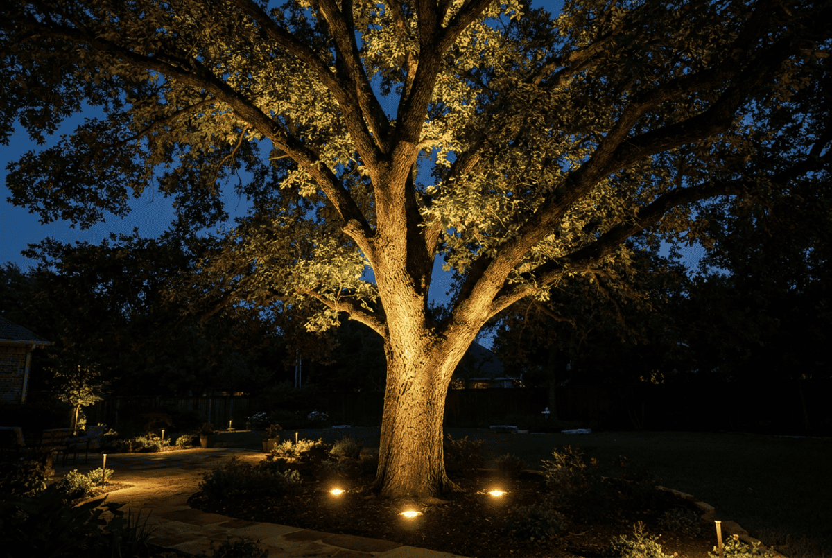 Accent uplighting on a backyard tree at night
