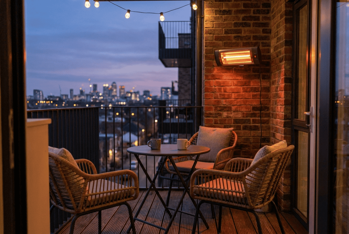 Compact wall-mounted electric infrared heater on a small apartment balcony