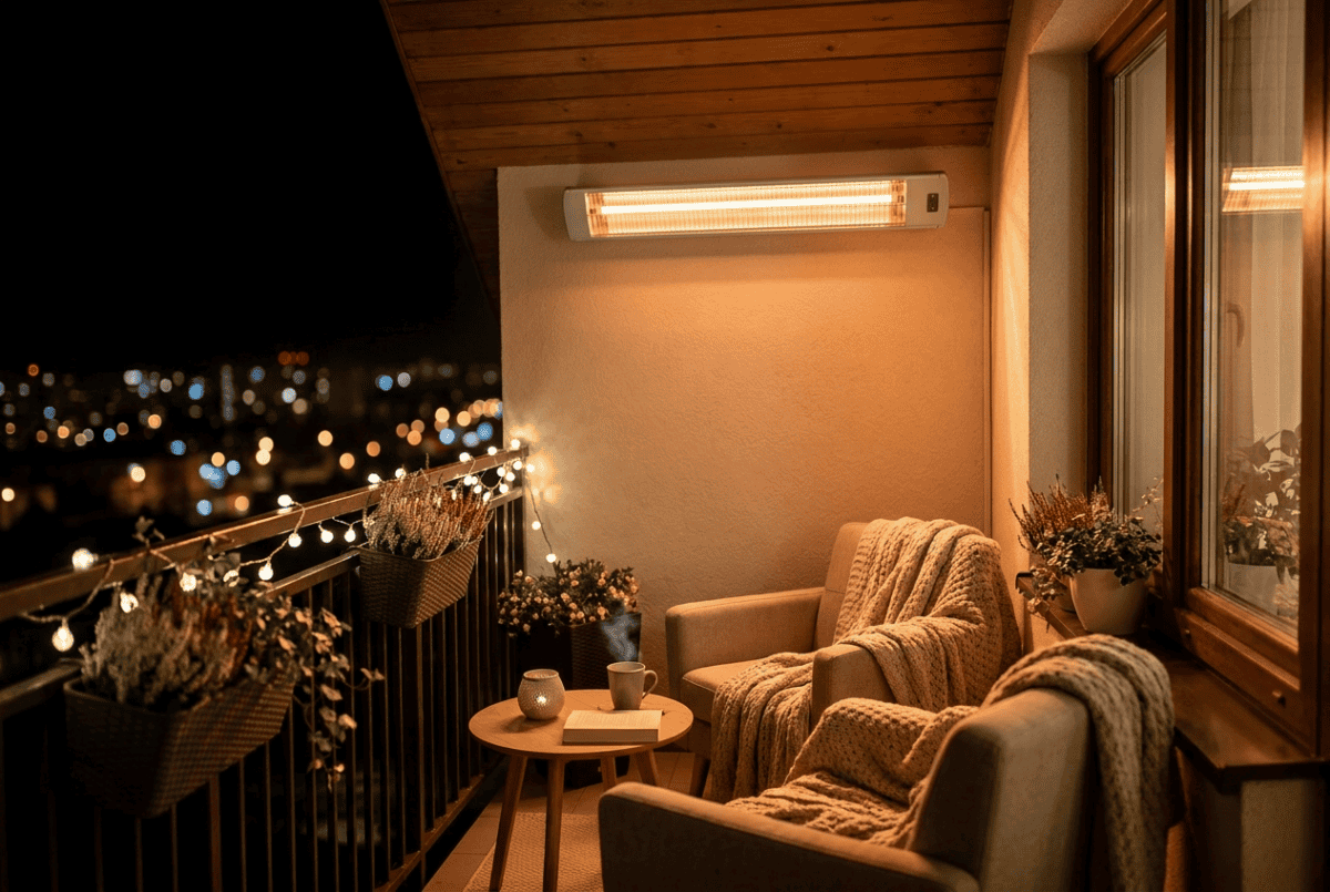 Wall-mounted electric infrared heater glowing on a cozy apartment balcony at night