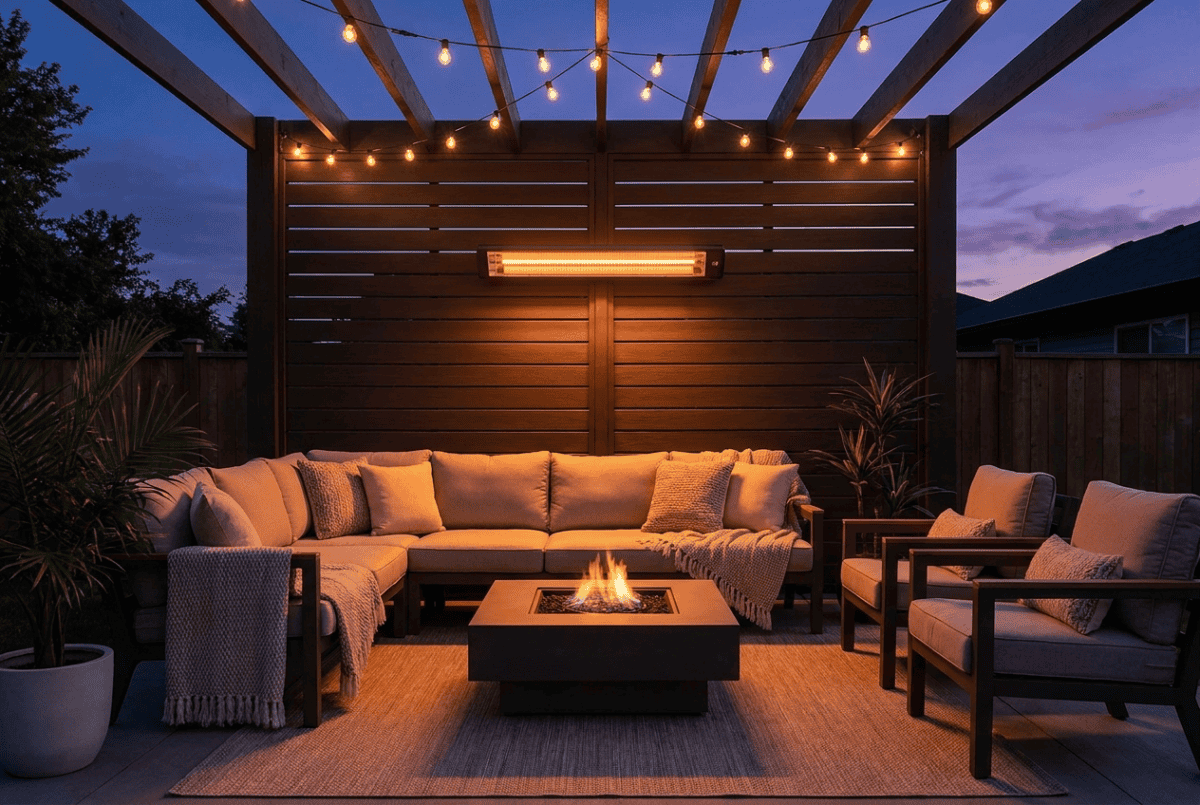 Wall-mounted electric infrared heater glowing over a covered patio seating area