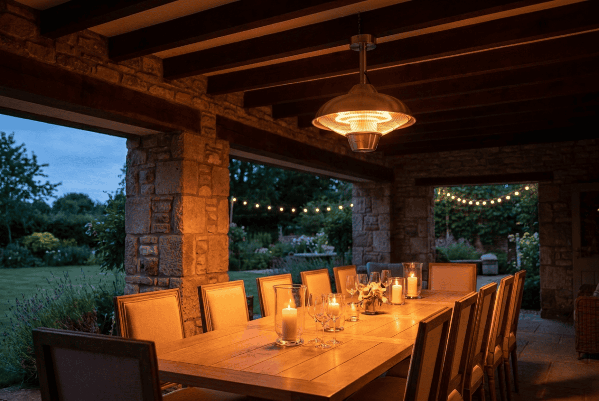 Ceiling-mounted infrared patio heater above an outdoor dining table on a covered porch