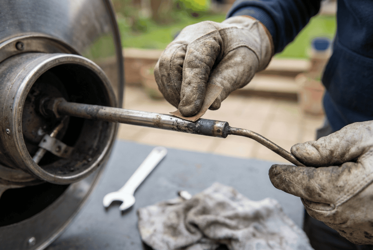 Cleaning a patio heater thermocouple with fine sandpaper