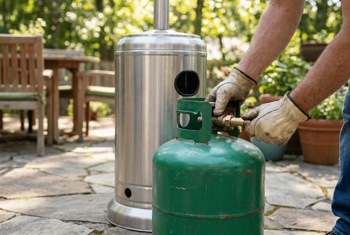 Connecting a propane tank regulator at the base of a patio heater