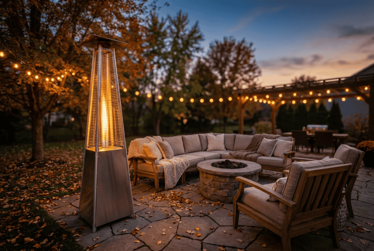 Propane patio heater glowing warm on a cozy backyard patio at dusk
