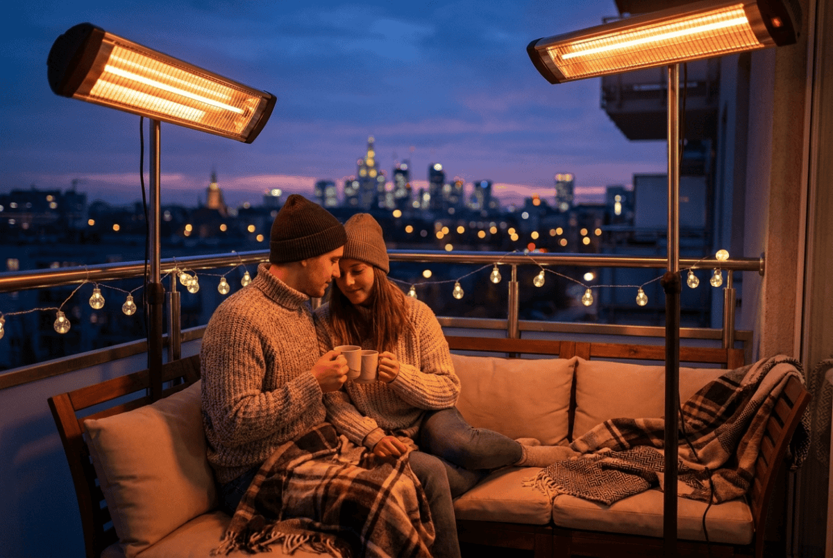 Couple relaxing under a glowing infrared heater on a warm apartment balcony