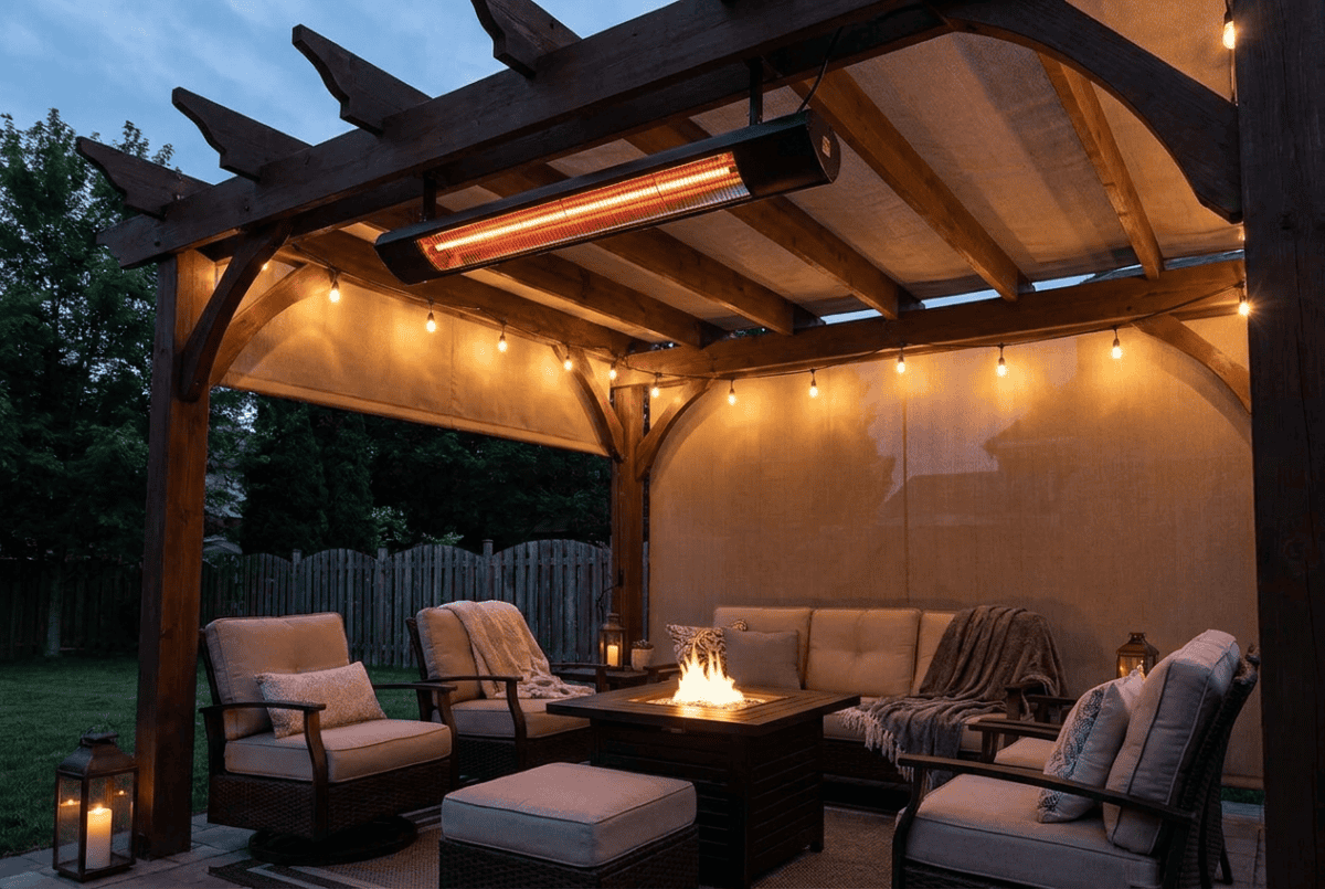 Overhead electric infrared heater on a covered pergola patio