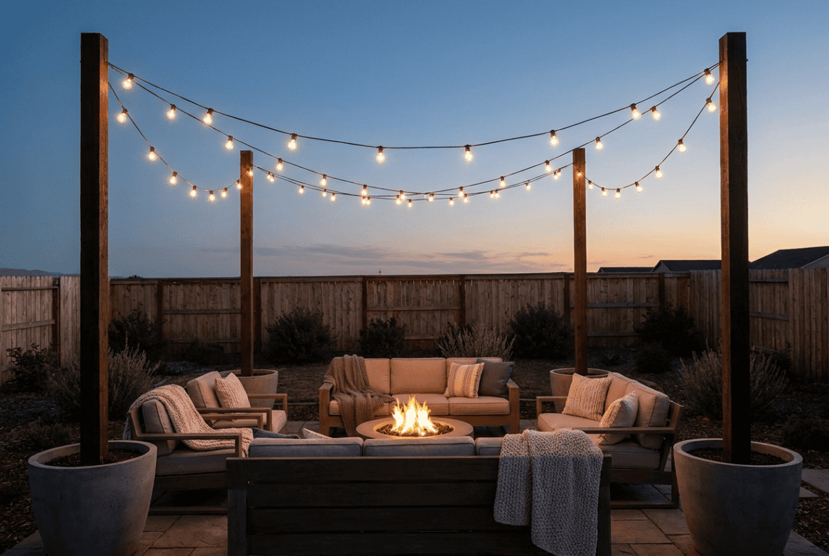 String lights hung between poles in planters over a backyard patio with no trees
